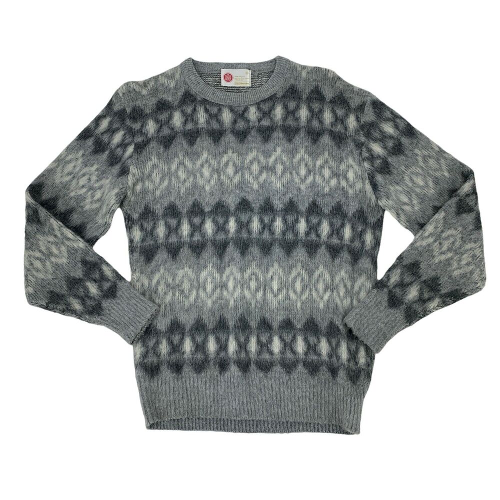 Vintage Kings Road Acrylic Sweater Mens Size M Gray Patterned Crew Neck Pullover